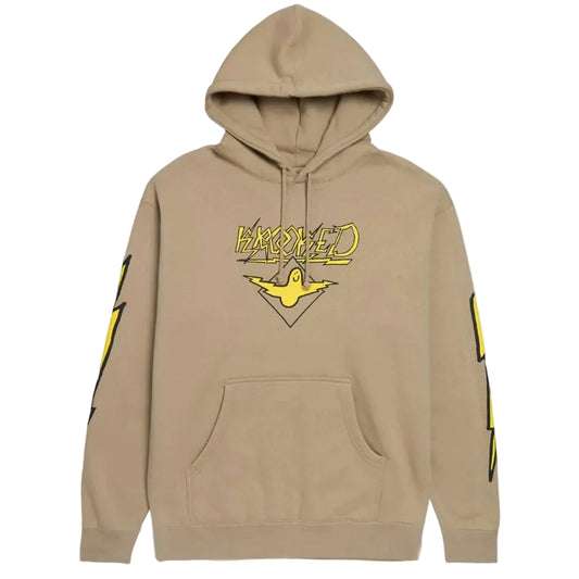 Beige hoodie with yellow graphic design on a white background
