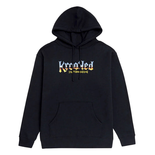Navy hoodie with colorful text on a white background