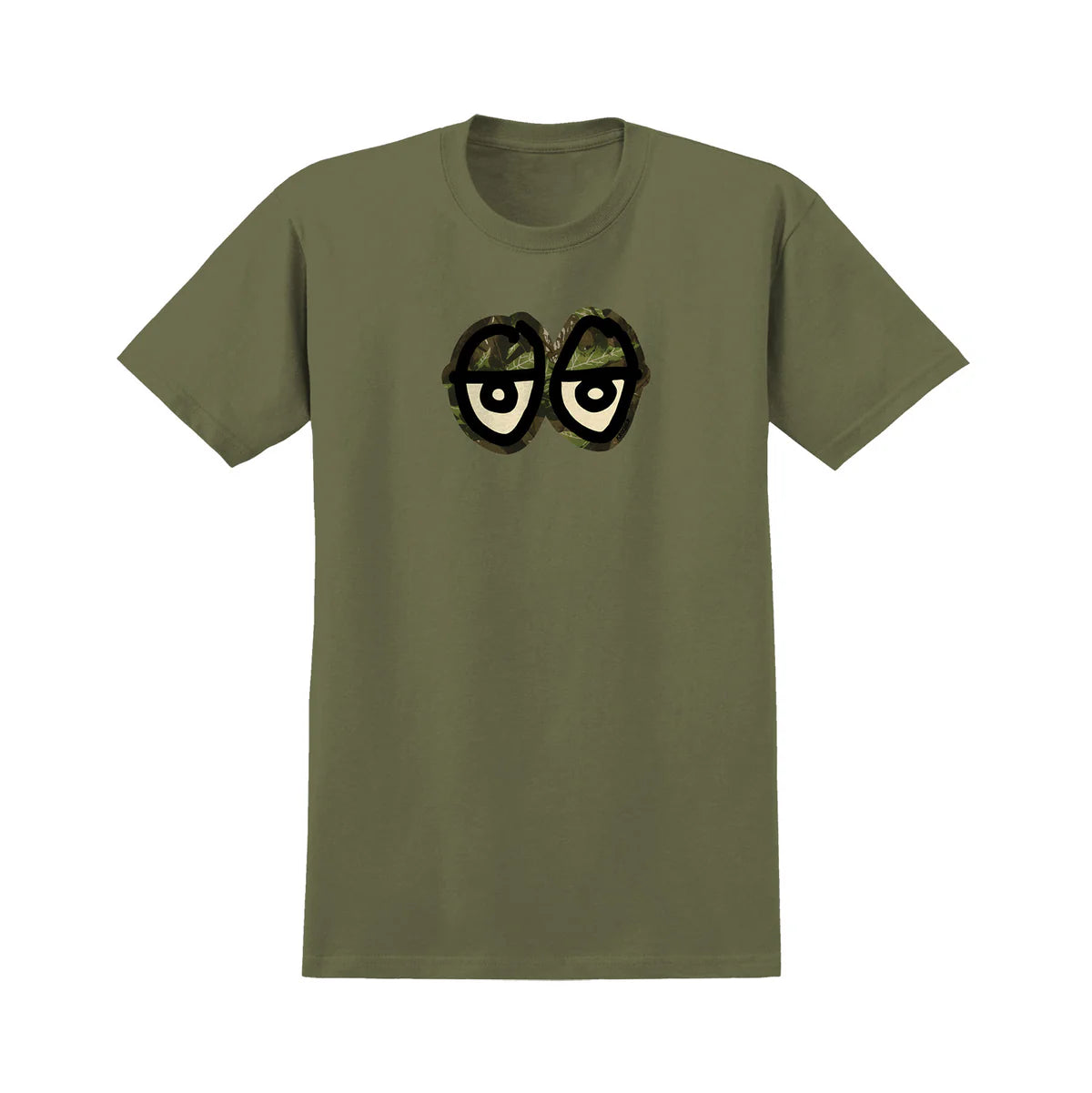 Green t-shirt with a graphic of eyes on a white background