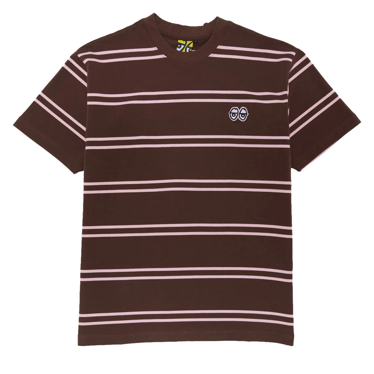 Brown striped t-shirt with a logo on a white background