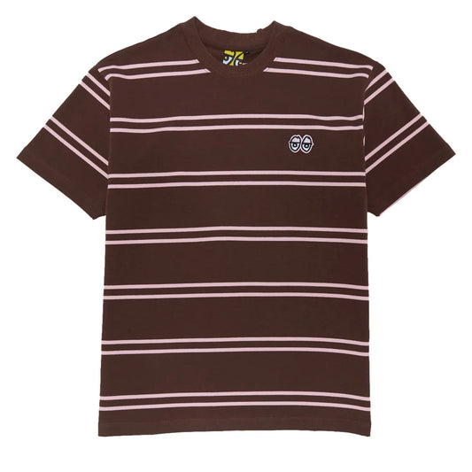 Brown striped t-shirt with a logo on a white background