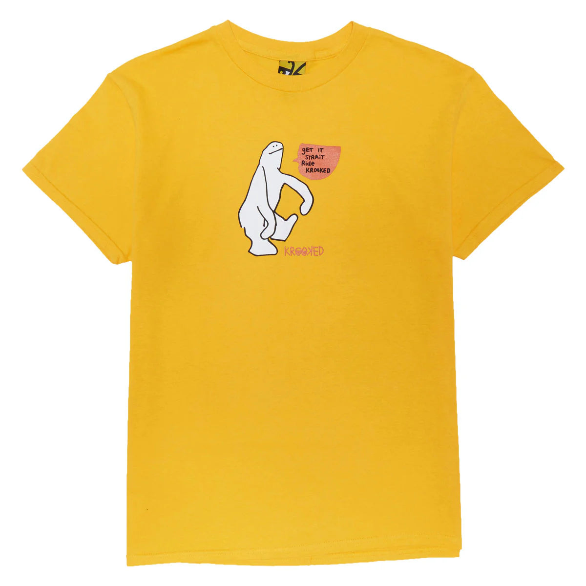 Yellow t-shirt with a white graphic design on a white background