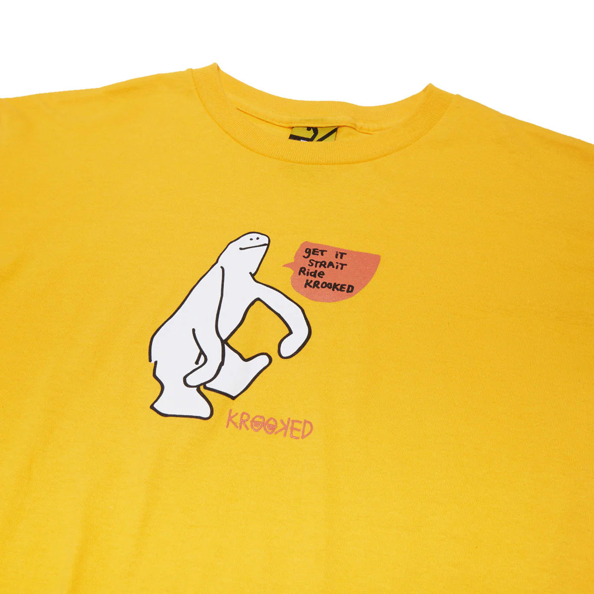 Yellow t-shirt with a white bear graphic and text on a white background