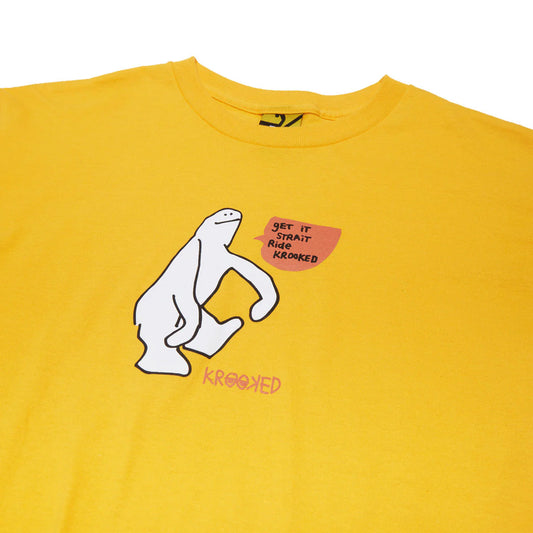 Yellow t-shirt with a white bear graphic and text on a white background