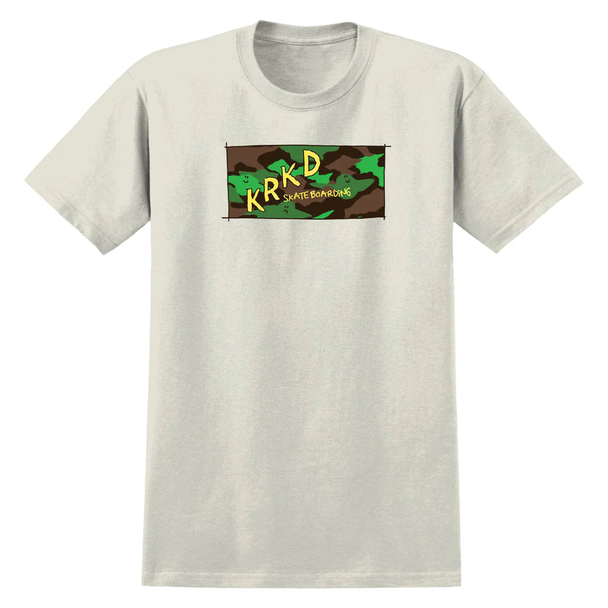 A light gray crewneck t-shirt featuring a rectangular chest graphic with a green and brown camouflage pattern, yellow 'KRKD' lettering, and smaller yellow 'SKATE BOUNDARY' text.