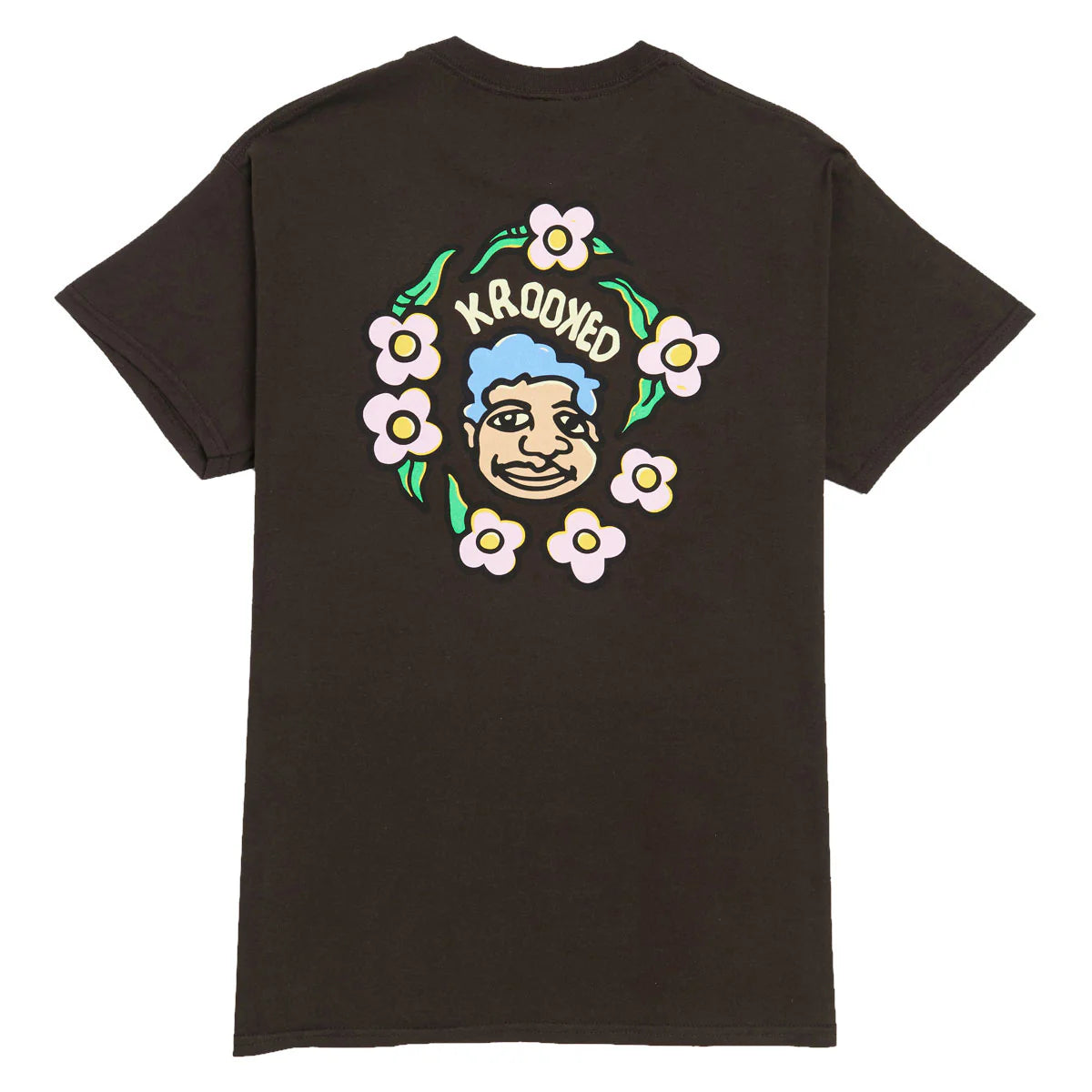 brown t-shirt with a colorful graphic on the back featuring a face and flowers, with 'Krooked' branding.