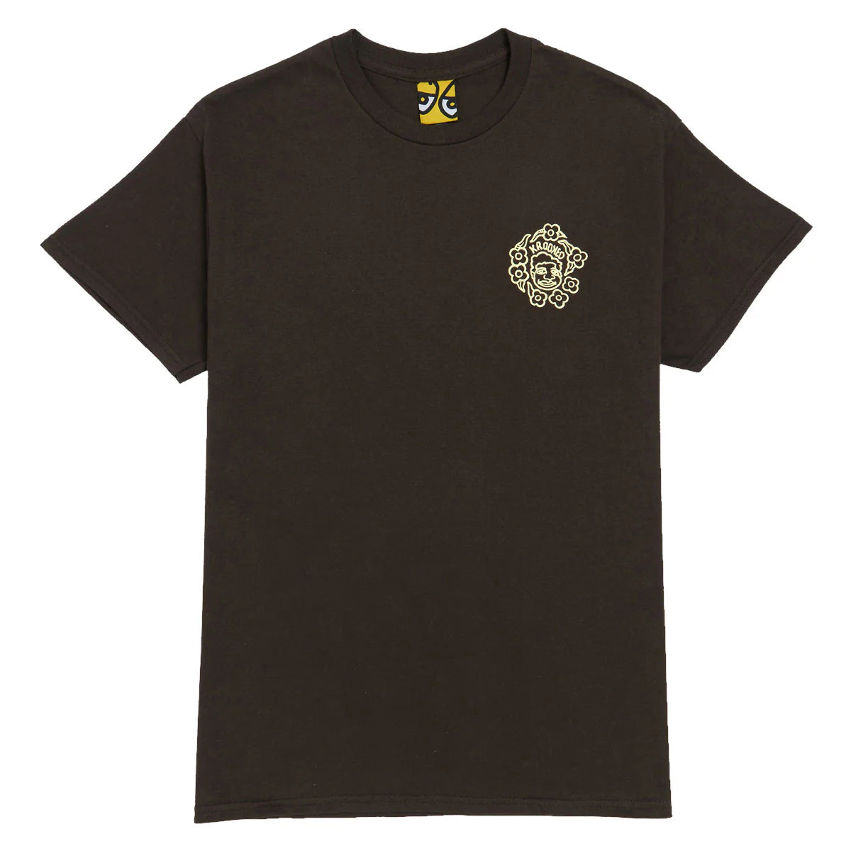 brown t-shirt with a logo on the chest against a white background