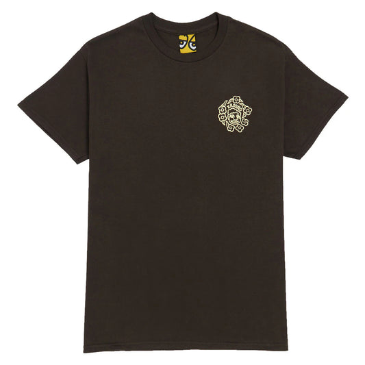 brown t-shirt with a logo on the chest against a white background