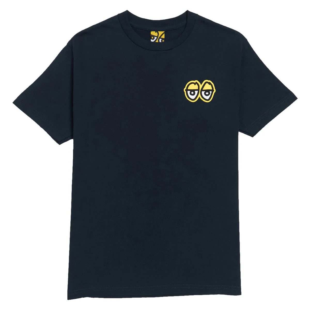 navy blue t-shirt with yellow graphic on a white background