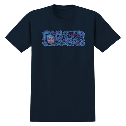 Navy blue t-shirt with a colorful graphic design on a white background