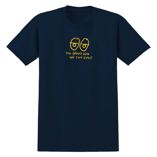 Navy blue t-shirt with yellow graphic and text on a white background