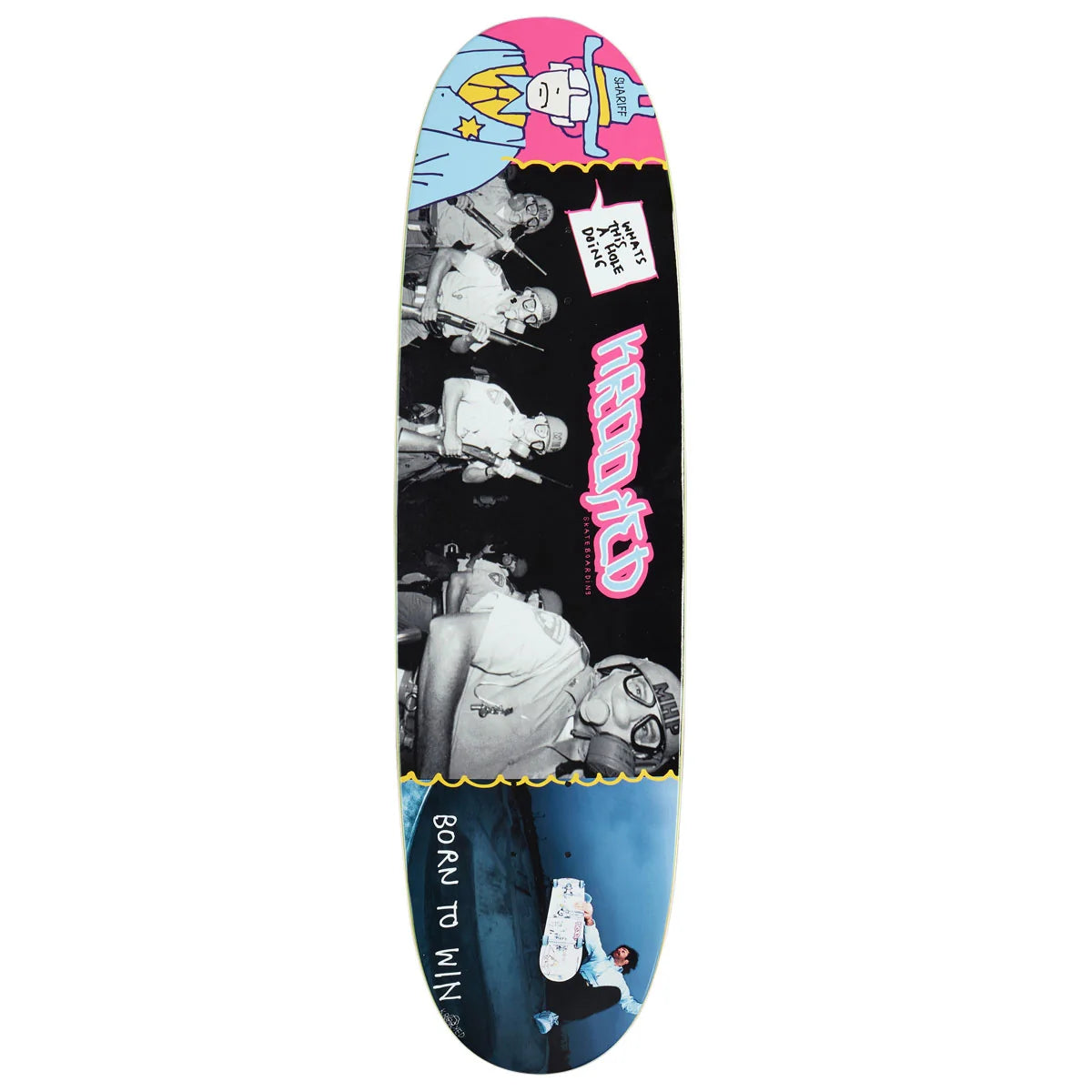 A skateboard deck featuring a collage design with black-and-white photos, a pink cartoon character, and bold pink 'krooked' lettering on a black background.