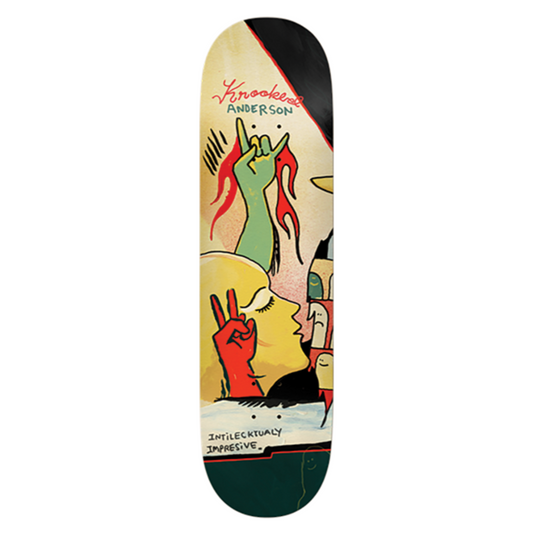 Skateboard deck with colorful design and text on a white background