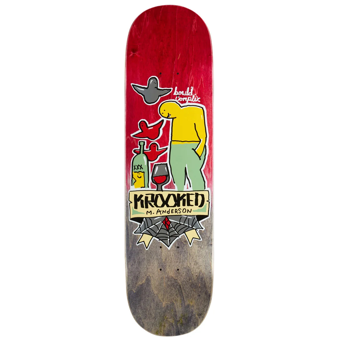 A skateboard deck with a red top graphic featuring a stylized figure, a bottle, a wine glass, and the text 'KROOKED' and 'M. Anderson'.