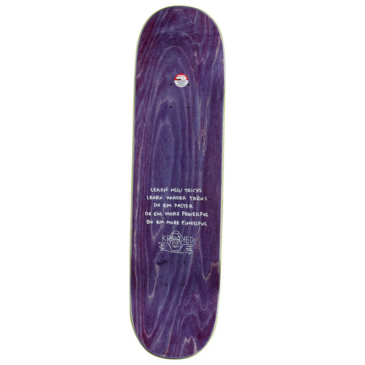A skateboard deck with a dark purple woodgrain finish, featuring white handwritten text and a small red and white logo near the top edge.