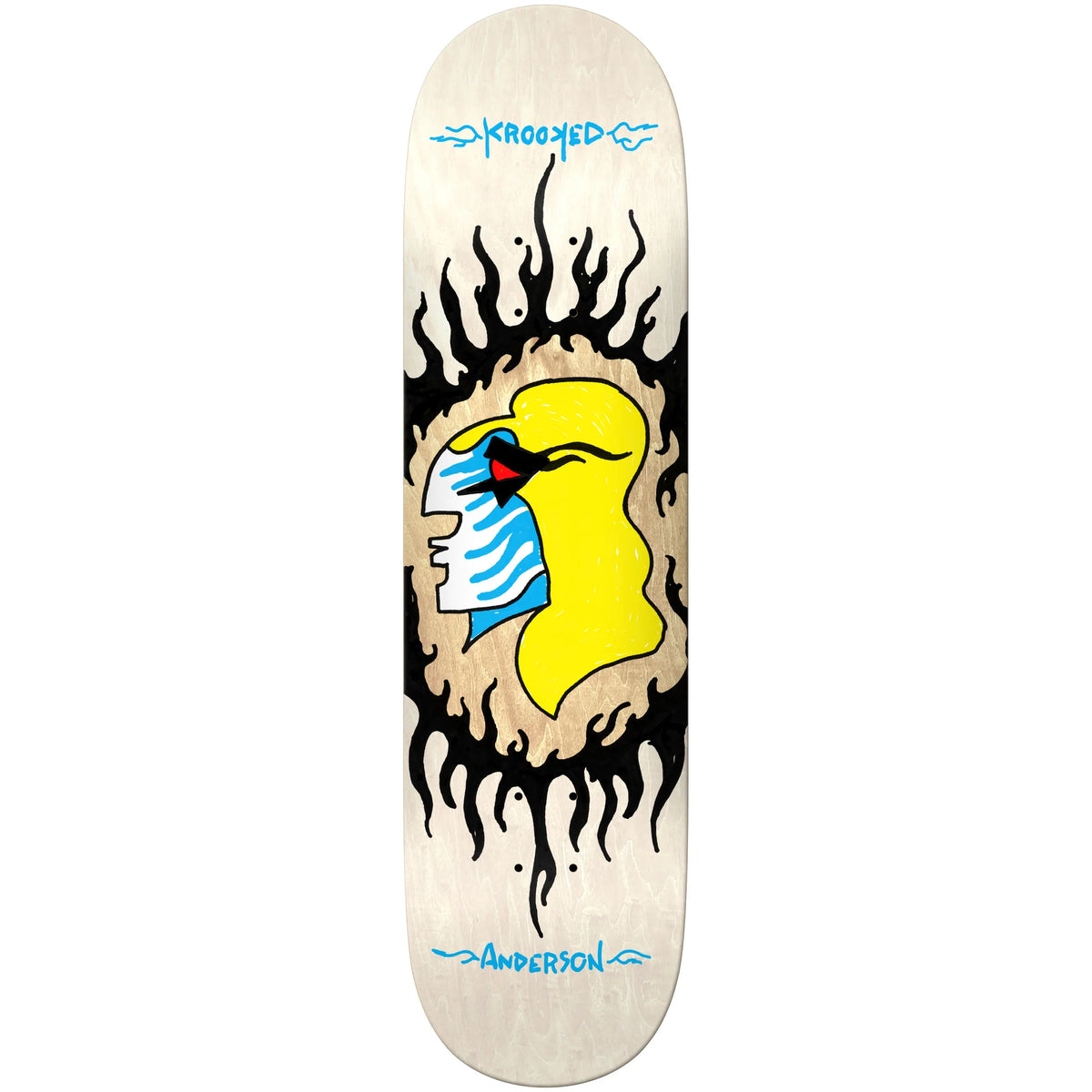A skateboard deck shown vertically against a plain white background. The deck has a light natural wood base with a large graphic design featuring a yellow bird head, blue and white striped accents, and black flame-like shapes.