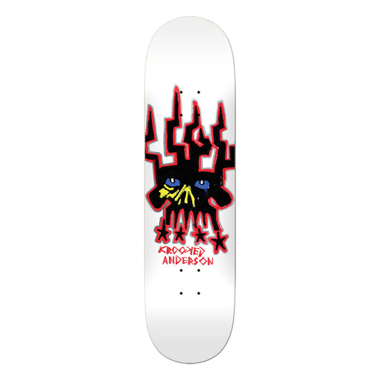 Skateboard deck with a black and red graphic design on a white background