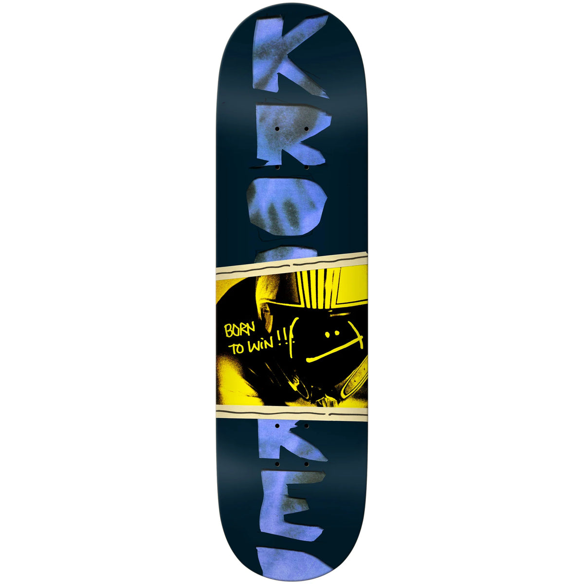 A skateboard deck shown vertically against a plain white background. The deck has a dark navy blue base with large light blue 'KROOKED' lettering at the top and bottom, a yellow graphic band across the center, and a black illustration with yellow text reading 'BORN TO WIN!!'.