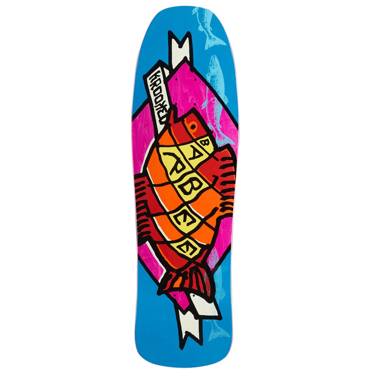 A skateboard deck featuring a vibrant graphic design with a blue background, a pink mountain, and a stylized orange fish 