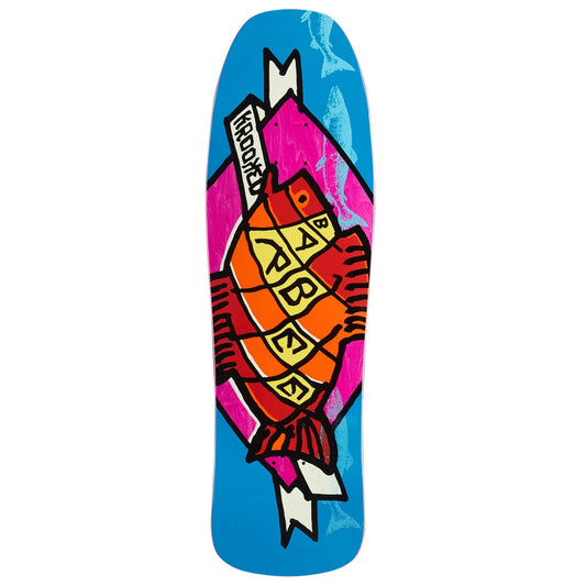 A skateboard deck featuring a vibrant graphic design with a blue background, a pink mountain, and a stylized orange fish 