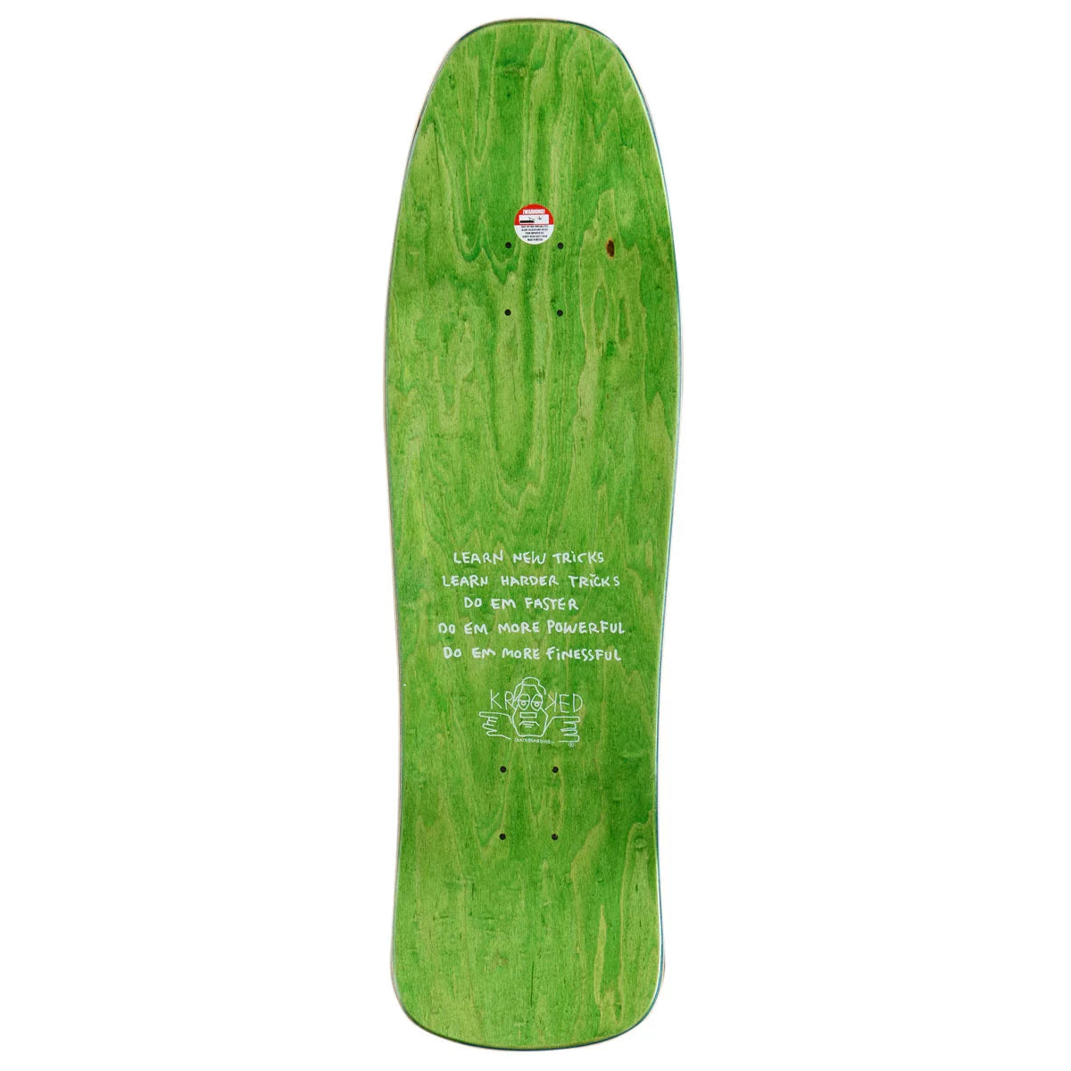 A green skateboard deck with white text and graphics, shown vertically against a plain white background.