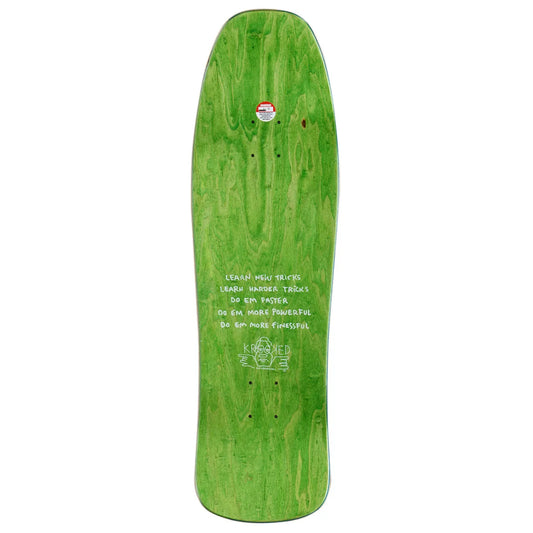 A green skateboard deck with white text and graphics, shown vertically against a plain white background.