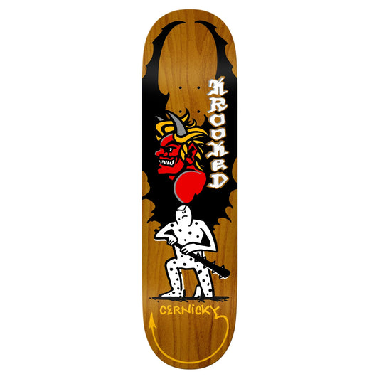Wooden skateboard deck with a graphic design featuring a devil and text on a white background