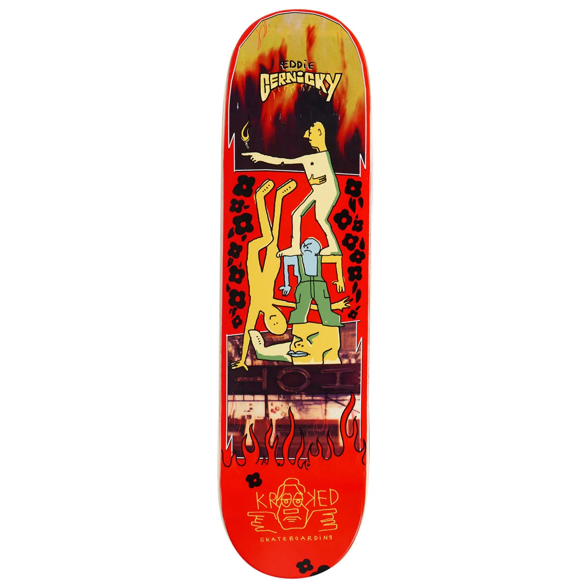 A red skateboard deck featuring a graphic illustration of Eddie cernicky, with flames at the top and the 'krooked' logo at the bottom, shown against a plain white background.