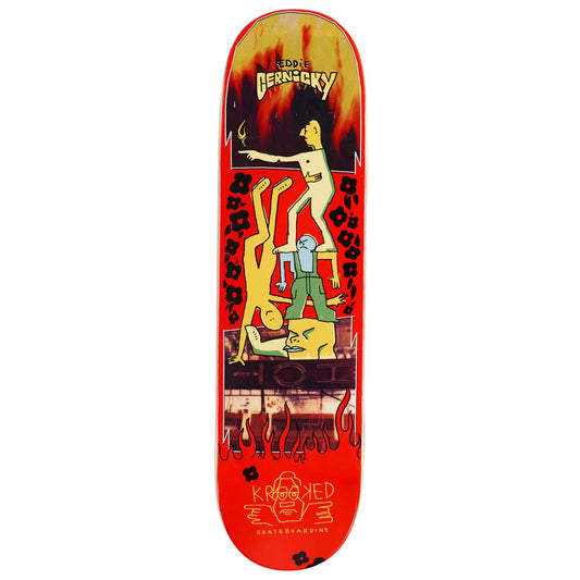 A red skateboard deck featuring a graphic illustration of Eddie cernicky, with flames at the top and the 'krooked' logo at the bottom, shown against a plain white background.