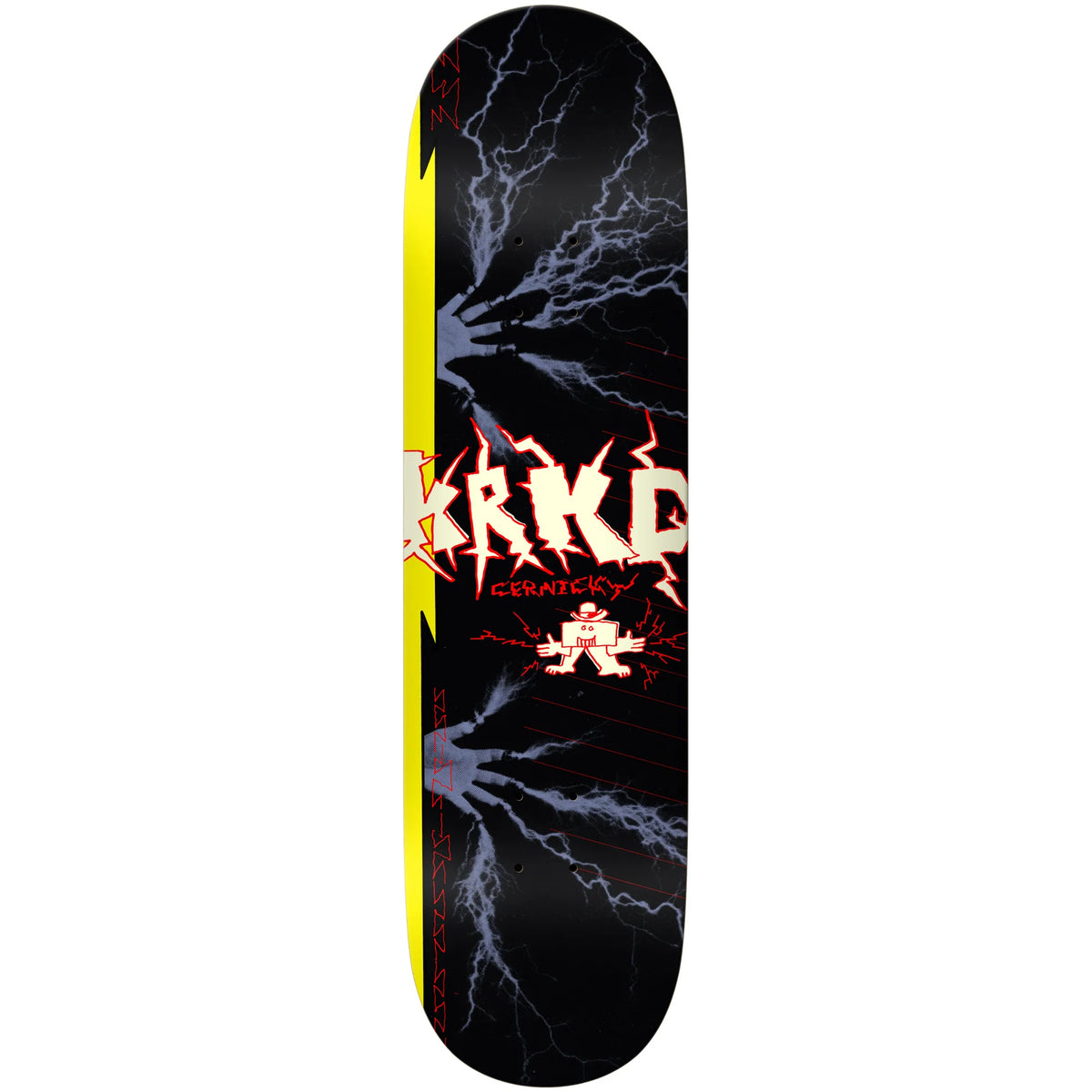 A skateboard deck featuring a black background with blue lightning graphics, a bright yellow vertical stripe on the left, and a stylized red and white 'krkd' logo across the center.
