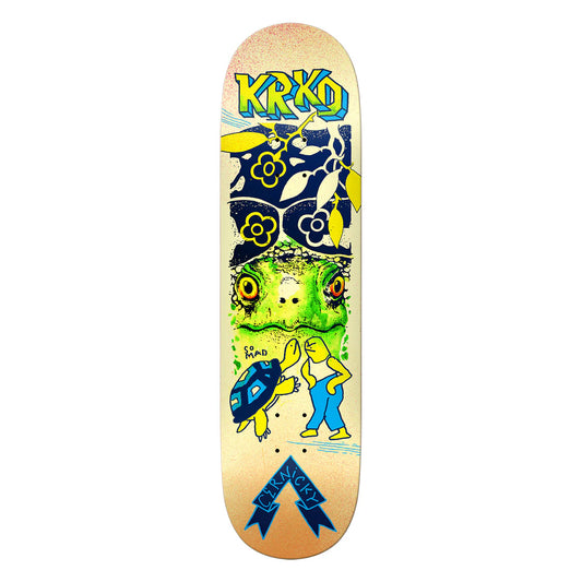 Skateboard deck with a colorful design featuring a frog and a bear, and the brand 'KR3W' visible.