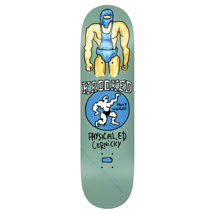 Skateboard deck with graphic design on a white background