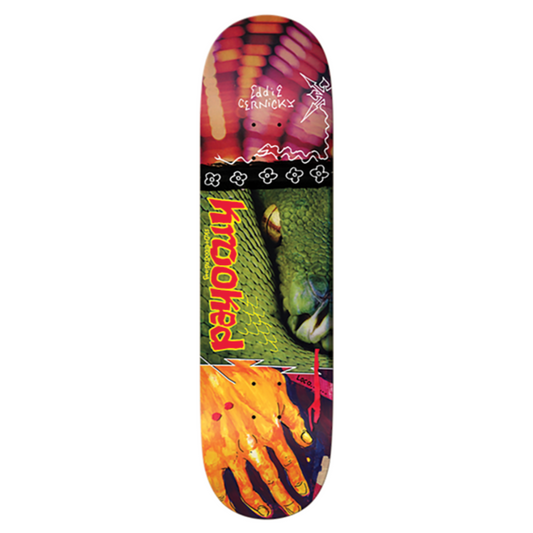 Skateboard deck with colorful design featuring a parrot and abstract elements on a white background.