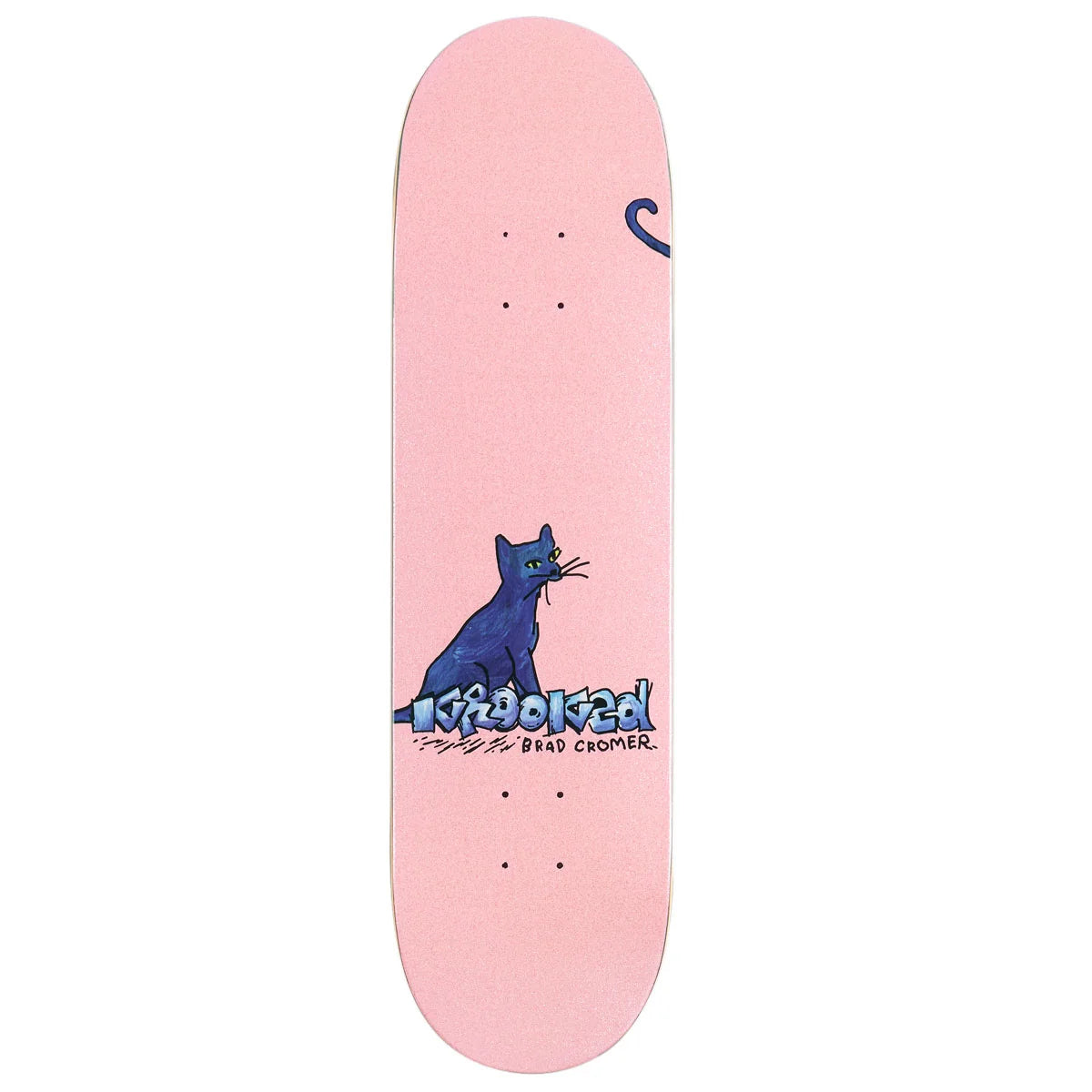 A pink skateboard deck featuring a blue cat illustration and the text 'krooked' and 'Brad Cromer' on the underside, shown against a plain white background.