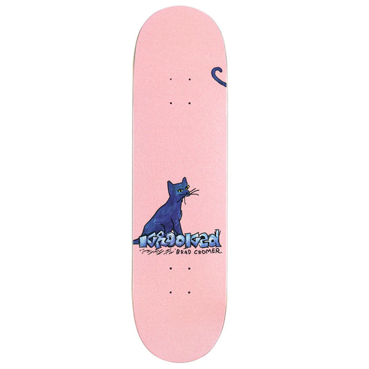 A pink skateboard deck featuring a blue cat illustration and the text 'krooked' and 'Brad Cromer' on the underside, shown against a plain white background.