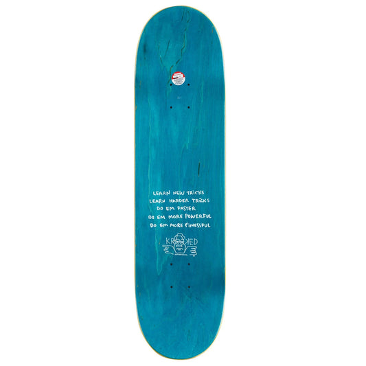 A teal blue skateboard deck with white text and graphics printed on the underside, shown against a plain white background.