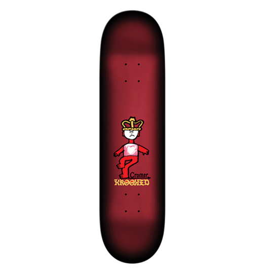 Skateboard deck with a red and black design on a white background