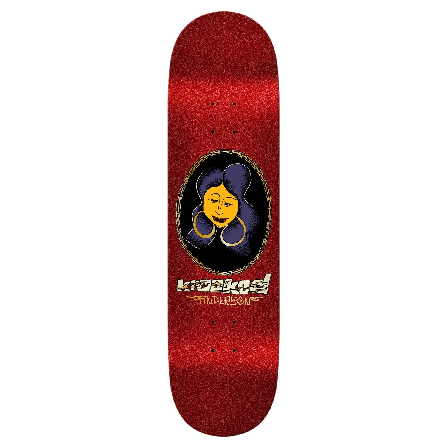 Red skateboard deck with a central graphic and brand name on a white background