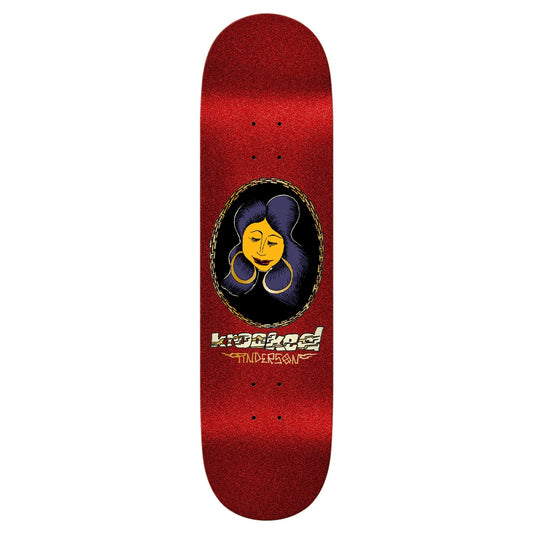 Red skateboard deck with a central graphic and brand name on a white background