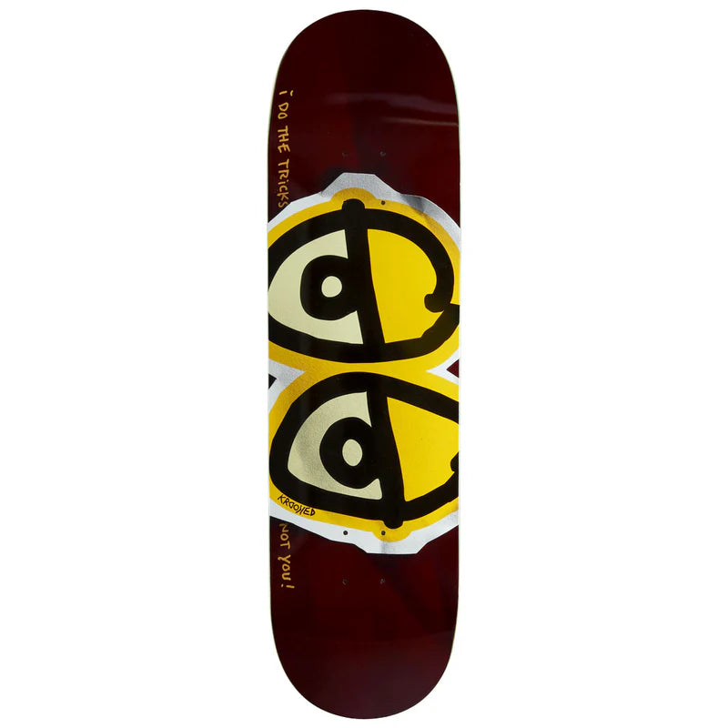 Skateboard deck with a yellow and black design on a white background