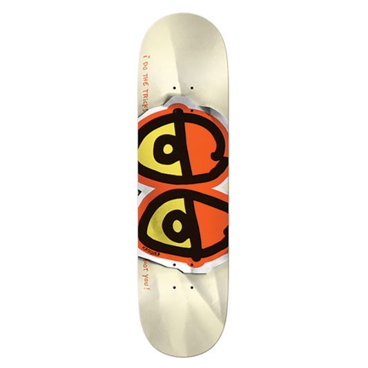 Skateboard deck with a logo design on a white background