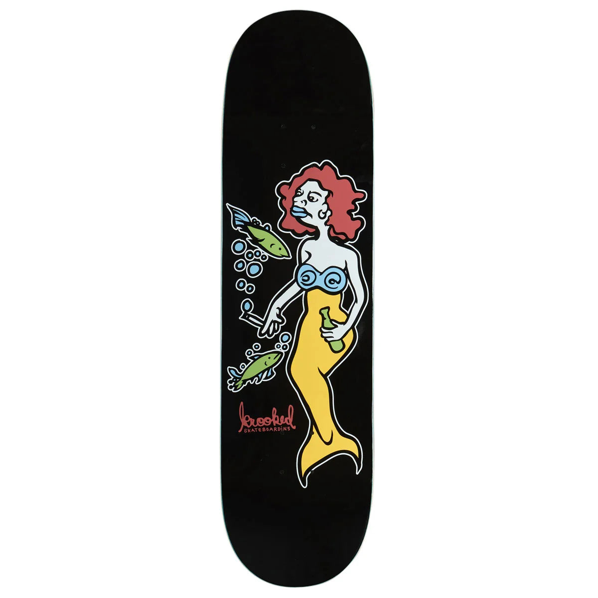 A black skateboard deck featuring a graphic illustration of a mermaid with red hair, a yellow tail, and blue goggles, with the brand name 'krooked' printed near the bottom.