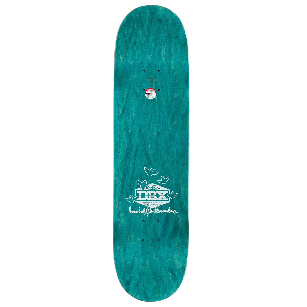 A teal wooden skateboard deck with a white graphic of a building, birds, and the text 'dbx Skateboards' on a plain white background.