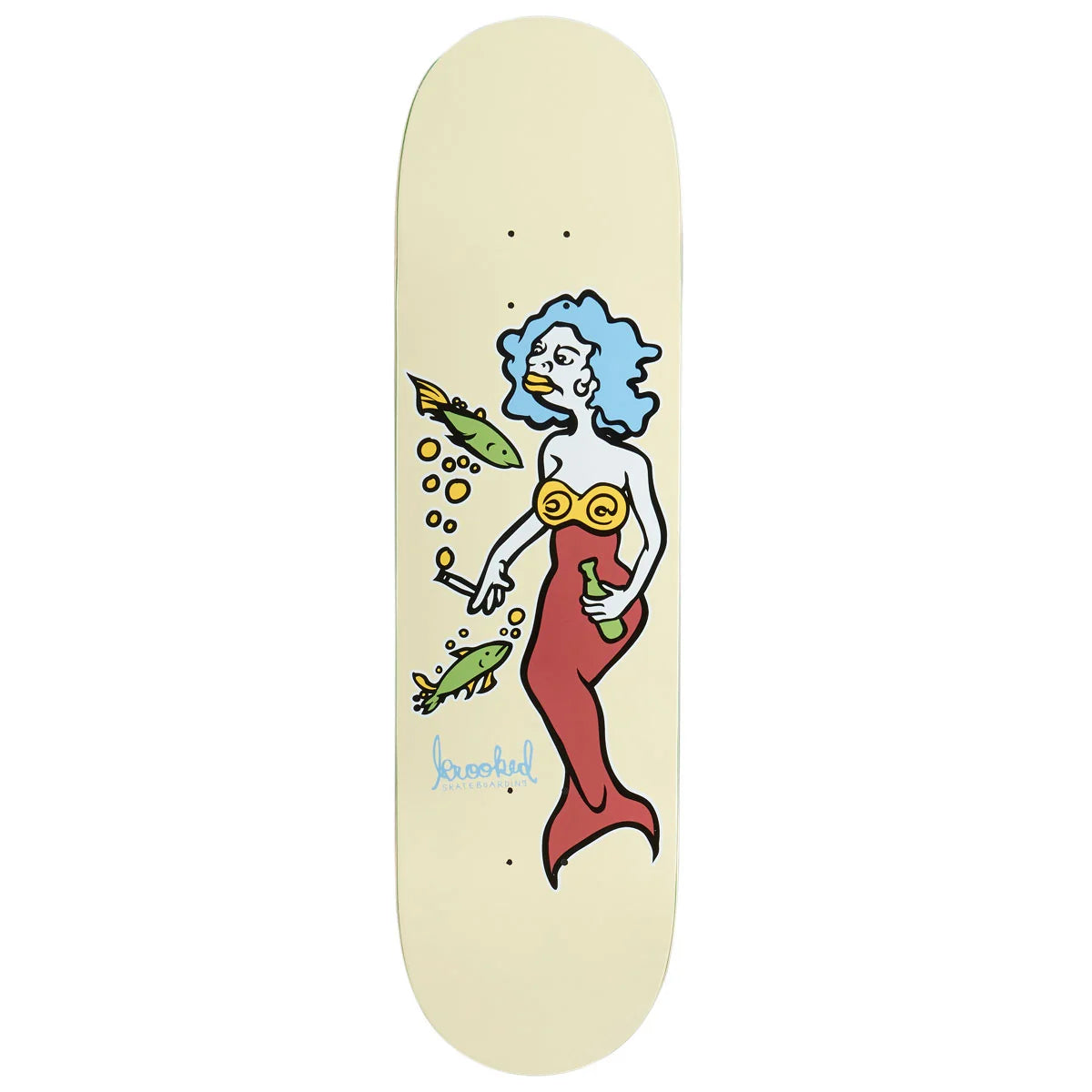 A skateboard deck with a cream-colored base featuring a colorful graphic of a mermaid with blue hair, yellow goggles, and a red tail, holding green fish. The brand name 'krooked' is printed in light blue near the bottom of the graphic.