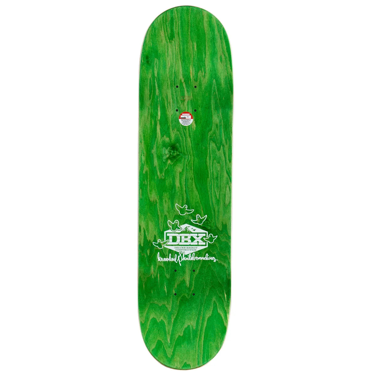 A green skateboard deck with a natural wood grain pattern, featuring a white graphic of two birds and the text 'DBX Skateboards' near the bottom, shown against a plain white background.