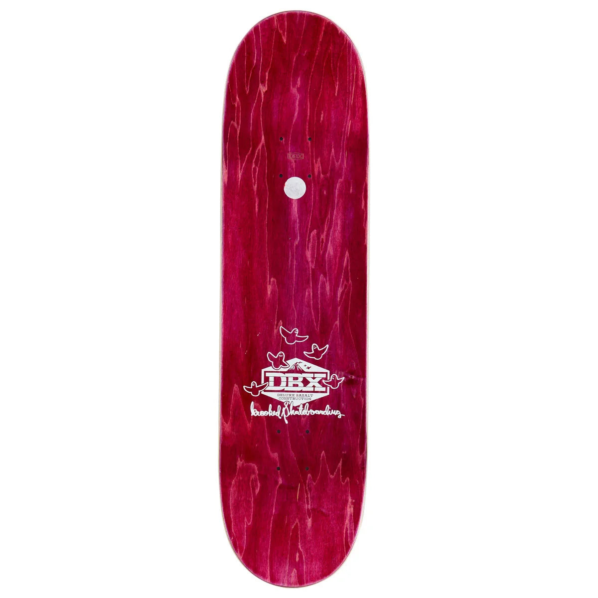 A pink and magenta wood skateboard deck with a white printed logo for 'dbx Skateboarding' on a clean white background.