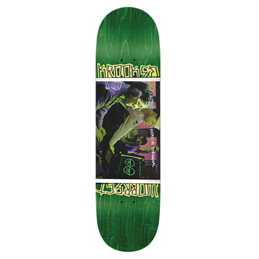 Green skateboard deck with graphic design on a white background