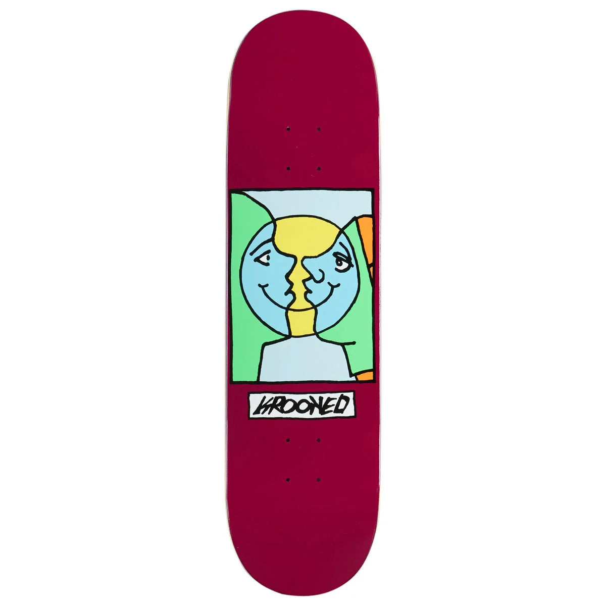 A magenta skateboard deck featuring a graphic illustration of two cartoon faces merging into one, with the krooked brand logo printed below.