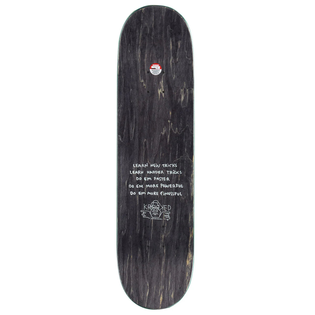 A skateboard deck shown from the underside against a plain white background. The deck has a dark, weathered wood-grain finish with white printed text and a small red-and-white logo near the top edge.
