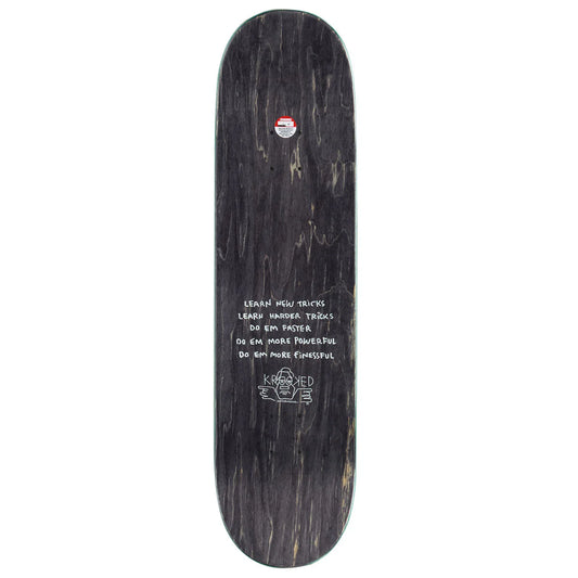 A skateboard deck shown from the underside against a plain white background. The deck has a dark, weathered wood-grain finish with white printed text and a small red-and-white logo near the top edge.